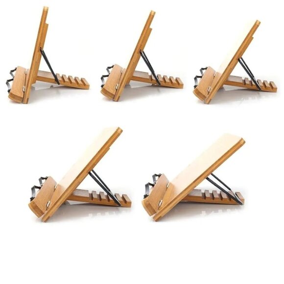 BAMBOO BOOK STAND | ADJUSTABLE HOLDER TRAY W/PAGE PAPER CLIP | PORTABLE - Picture 2 of 14